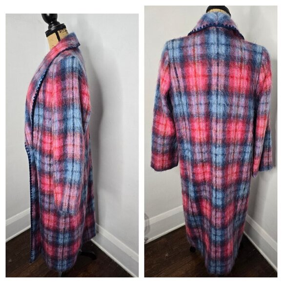 Vintage 1970s Red Blue Plaid Angora Wool Double Breasted Coat - Picture 2 of 16